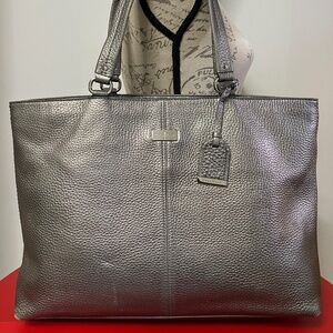 Cole Haan Leather Laptop Tote Shoulder Bag Metallic Pewter